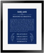 Ahlani name origin print with meaning and traits in deep blue with black matte frame