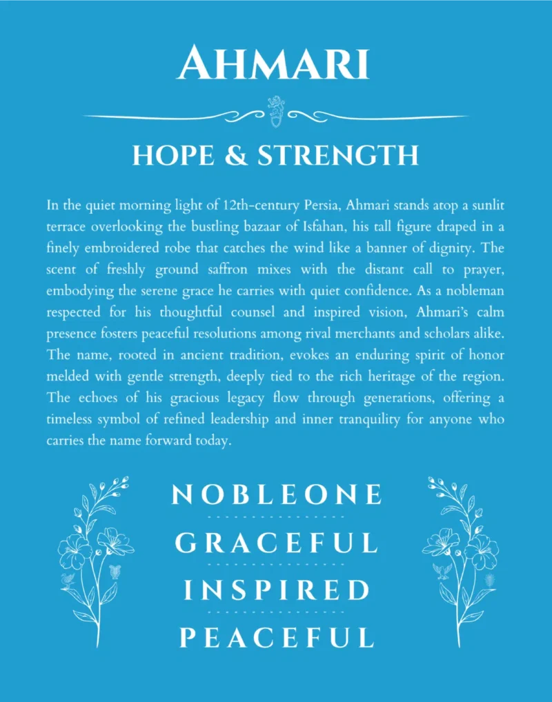 Ahmari name origin print with meaning and traits in blue