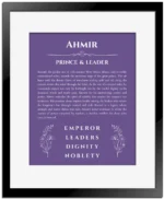 Ahmir name meaning wall art by Get Your Story in purple with black matte frame