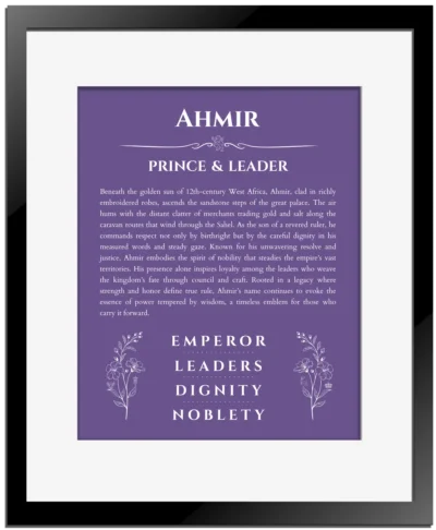 Ahmir name meaning wall art by Get Your Story in purple with black matte frame