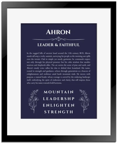 Ahron name meaning wall art by Get Your Story in navy blue with black matte frame