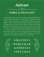 Ahsan personalized name art with origin story in dark green