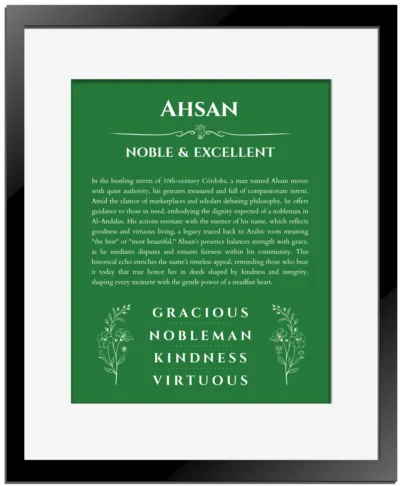 Ahsan personalized name art with origin story in dark green with black matte frame