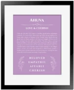 Ahuva custom name meaning print in light purple with black matte frame