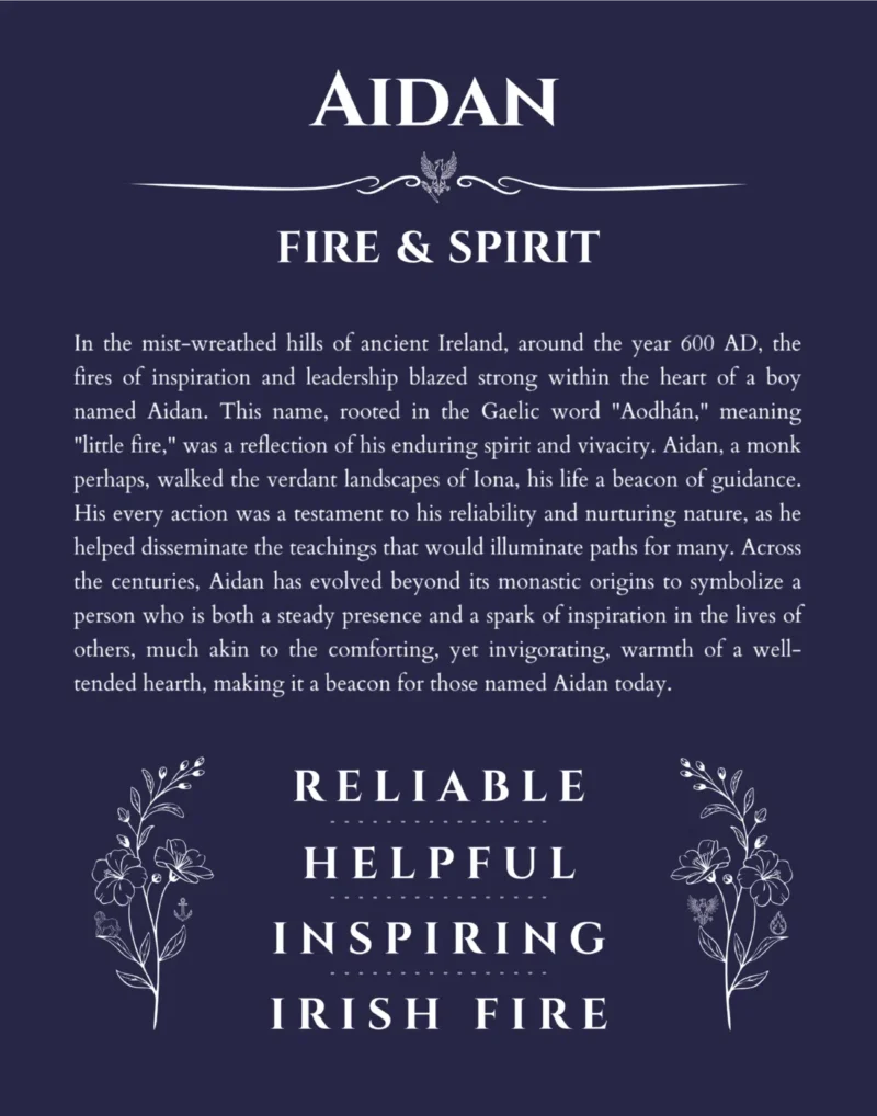 Aidan personalized name art with origin story in navy blue