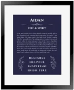 Aidan personalized name art with origin story in navy blue with black matte frame