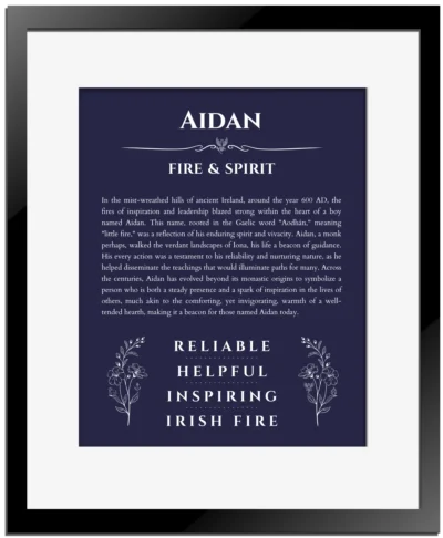 Aidan personalized name art with origin story in navy blue with black matte frame