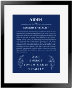 Aiden personalized name print with origin and traits in deep blue with black matte frame