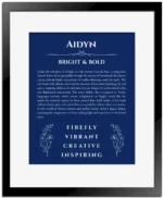 Aidyn custom name print for wall display in deep blue with black matte frame