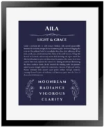 Aila personalized wall art with the story of your name in navy blue with black matte frame