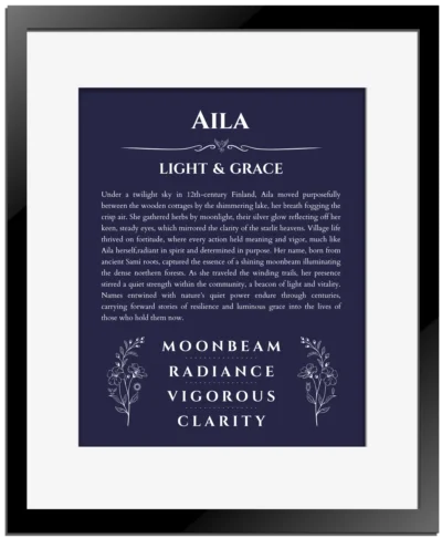 Aila personalized wall art with the story of your name in navy blue with black matte frame