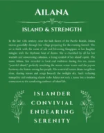 Ailana name origin print with meaning and traits in dark green