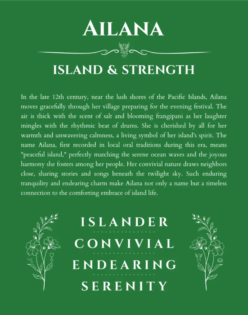 Ailana name origin print with meaning and traits in dark green