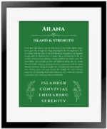 Ailana name origin print with meaning and traits in dark green with black matte frame
