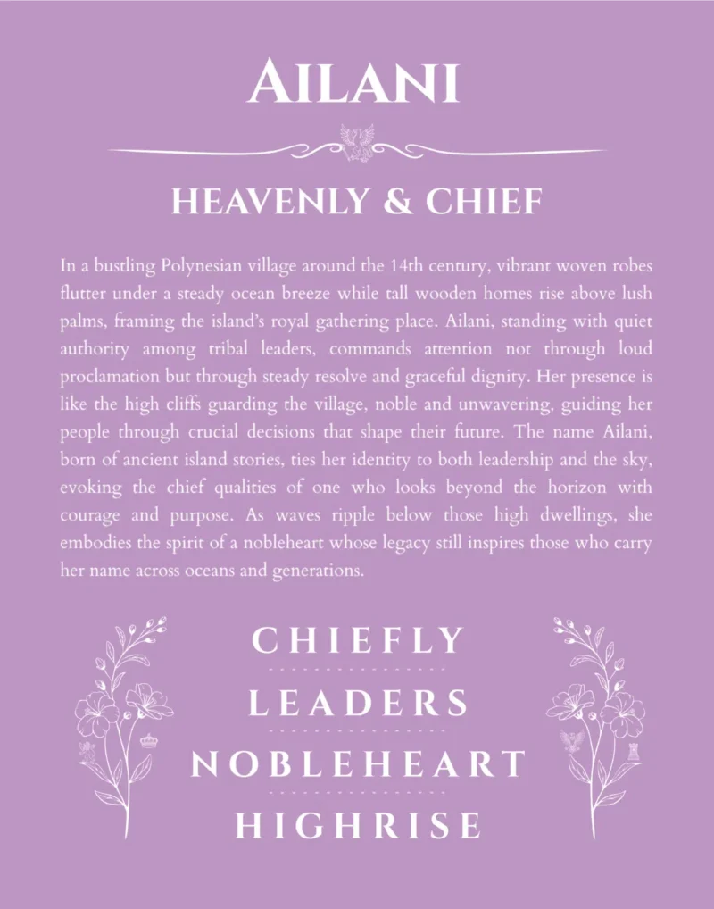 Ailani personalized name print with origin and traits in light purple