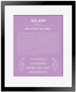 Ailani personalized name print with origin and traits in light purple with black matte frame