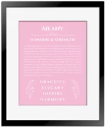 Ailany personalized wall art with the story of your name in light pink with black matte frame
