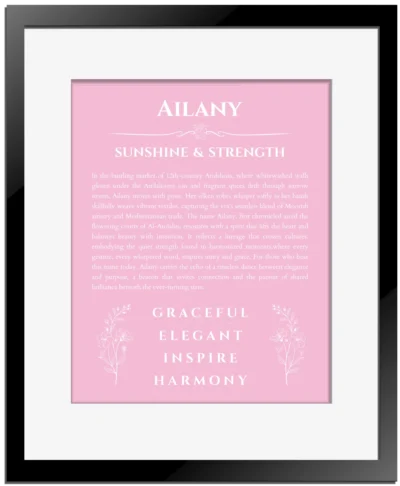 Ailany personalized wall art with the story of your name in light pink with black matte frame