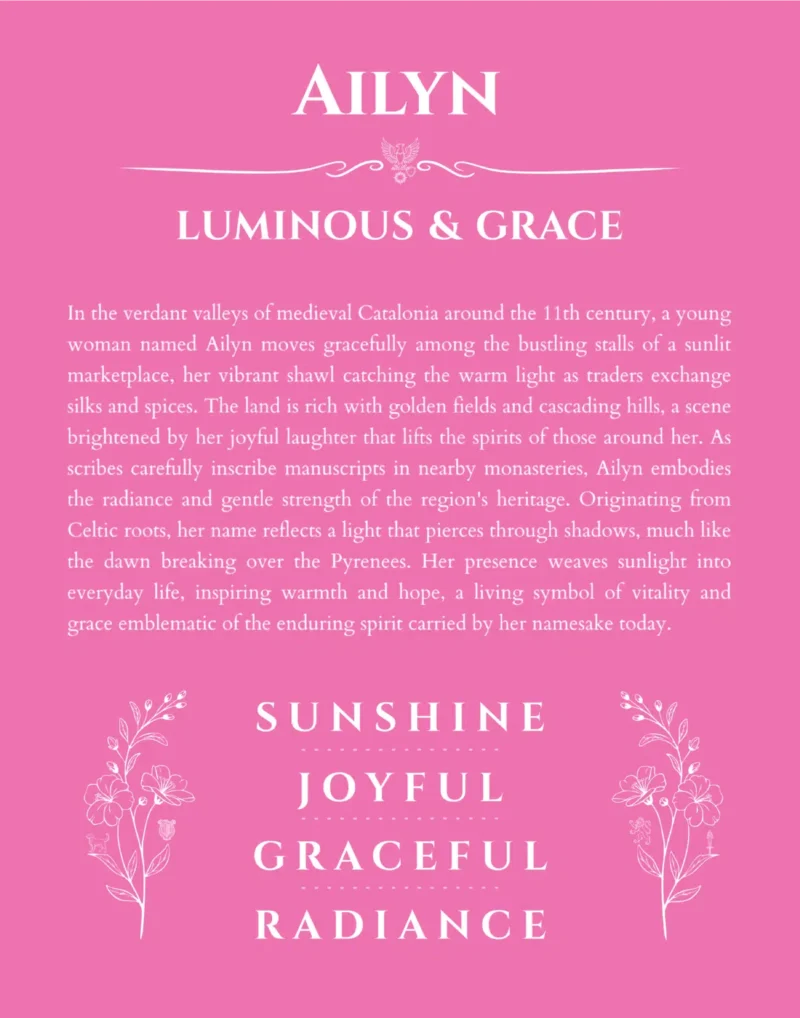 Ailyn custom name art showing meaning and origin in pink