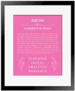Ailyn custom name art showing meaning and origin in pink with black matte frame