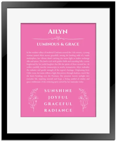 Ailyn custom name art showing meaning and origin in pink with black matte frame