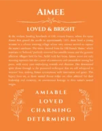 Aimee custom name art showing meaning and origin in orange