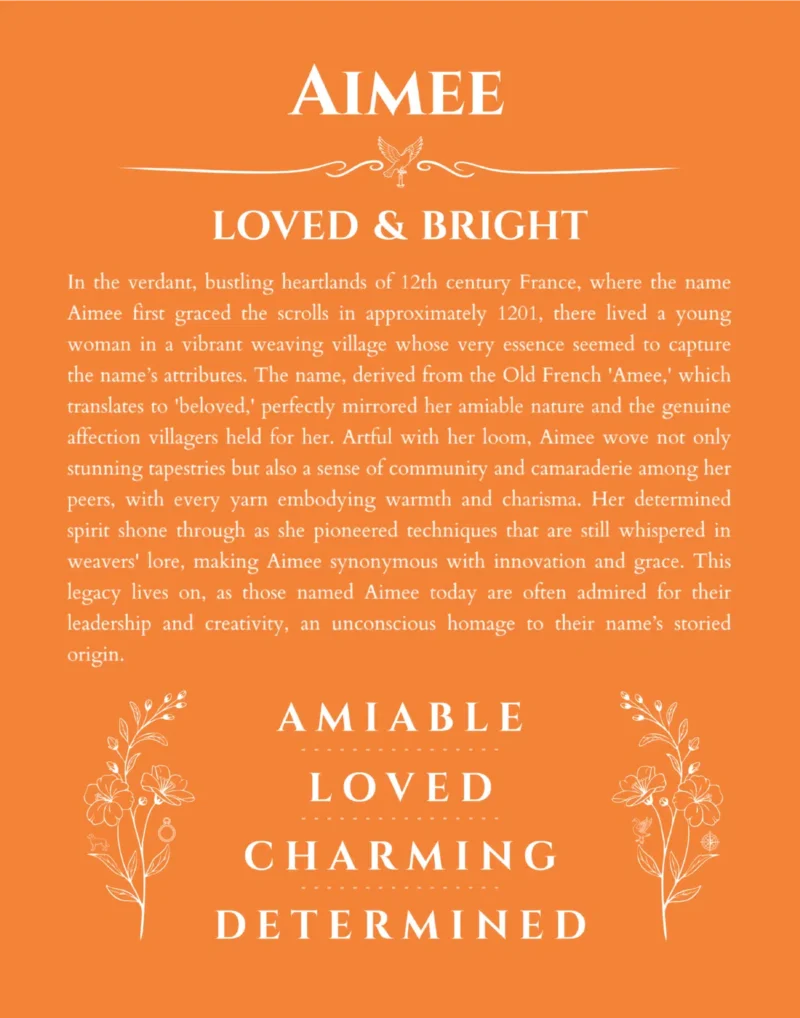 Aimee custom name art showing meaning and origin in orange