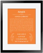 Aimee custom name art showing meaning and origin in orange with black matte frame