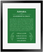 Ainara personalized name art with origin story in dark green with black matte frame