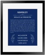 Ainsley personalized wall art with the story of your name in deep blue with black matte frame