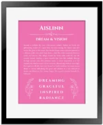 Aislinn personalized name meaning print in pink with black matte frame