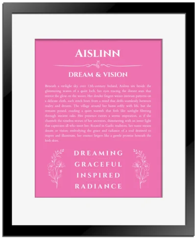 Aislinn personalized name meaning print in pink with black matte frame