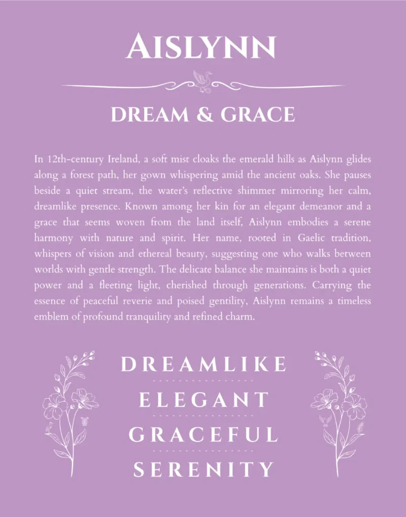 Aislynn personalized name print with origin and traits in light purple