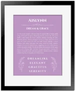 Aislynn personalized name print with origin and traits in light purple with black matte frame