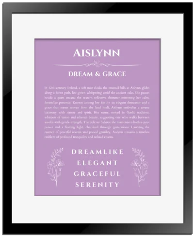 Aislynn personalized name print with origin and traits in light purple with black matte frame