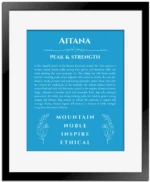 Aitana personalized name print with origin and traits in blue with black matte frame