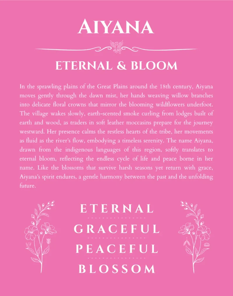 Aiyana name origin print with meaning and traits in pink