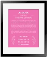 Aiyana name origin print with meaning and traits in pink with black matte frame