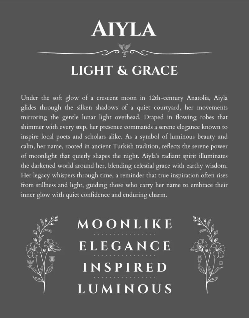 Aiyla custom name art showing meaning and origin in gray