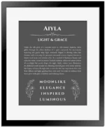 Aiyla custom name art showing meaning and origin in gray with black matte frame