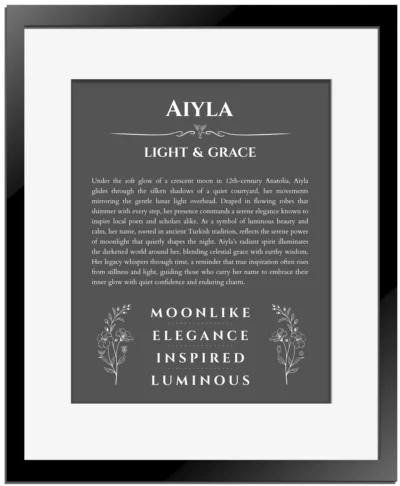 Aiyla custom name art showing meaning and origin in gray with black matte frame