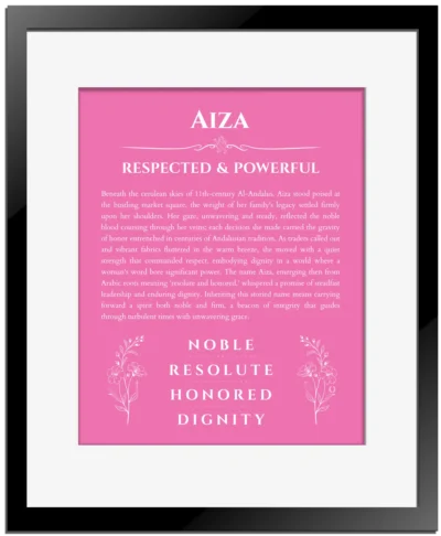 Aiza name meaning wall art by Get Your Story in pink with black matte frame