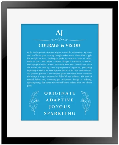 Aj personalized name meaning print in blue with black matte frame
