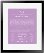 Aja name meaning wall art by Get Your Story in light purple with black matte frame