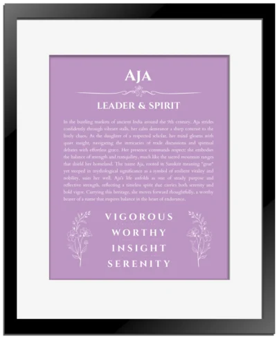 Aja name meaning wall art by Get Your Story in light purple with black matte frame