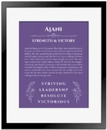 Ajani personalized name art with origin story in purple with black matte frame