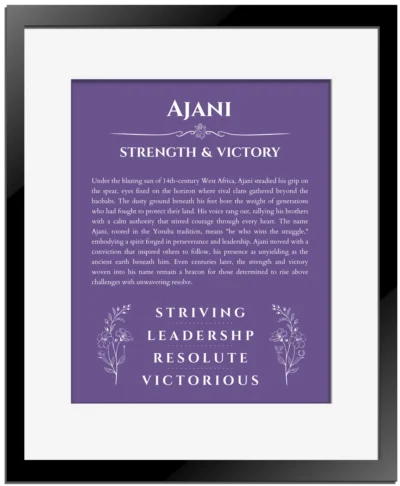 Ajani personalized name art with origin story in purple with black matte frame