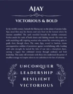 Ajay name origin print with meaning and traits in navy blue