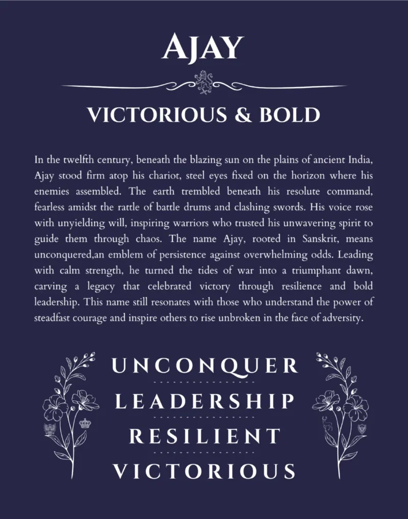 Ajay name origin print with meaning and traits in navy blue