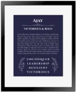 Ajay name origin print with meaning and traits in navy blue with black matte frame